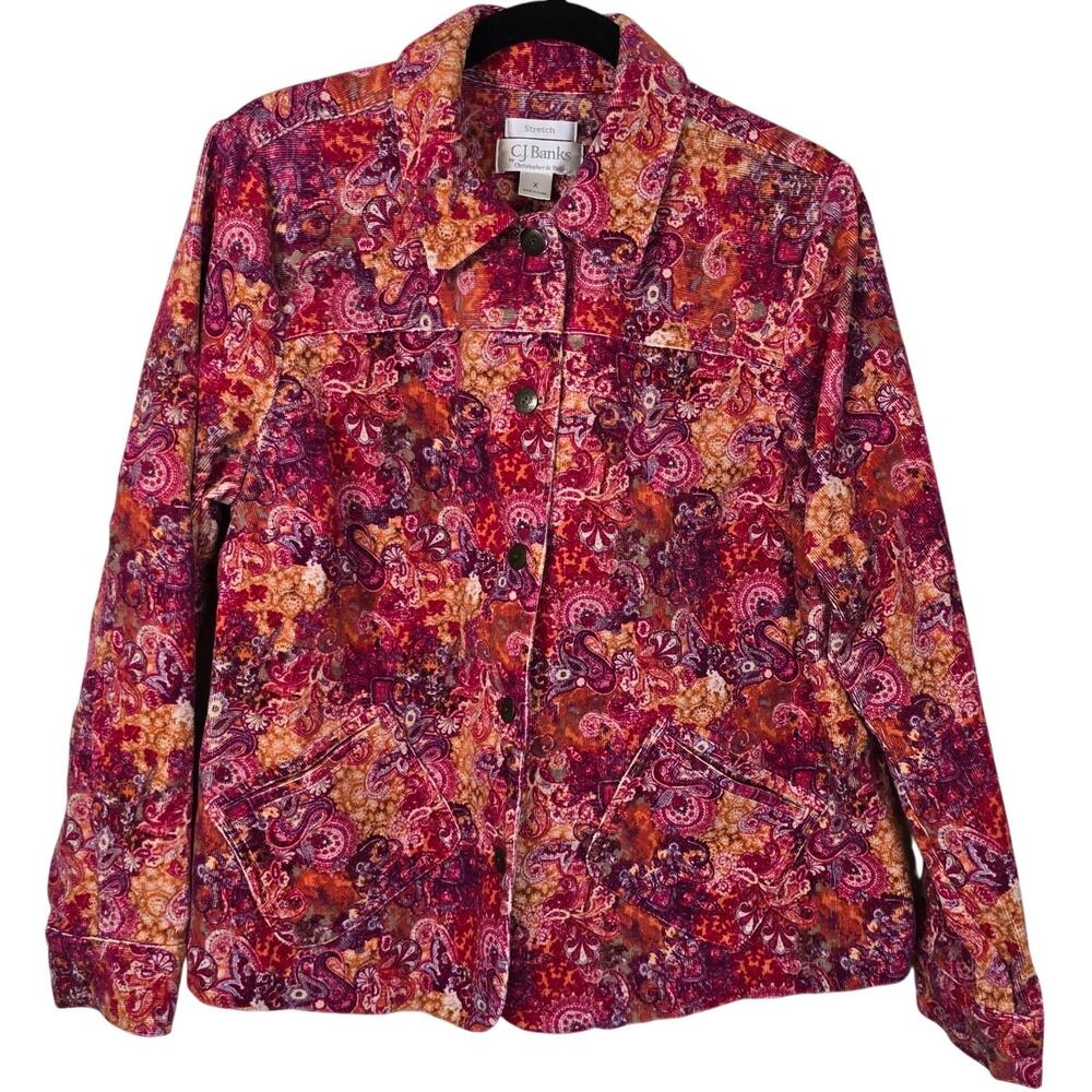 CJ Banks Corduroy Jacket Women's 1X Pink Orange Purple Paisley Boho Vintage